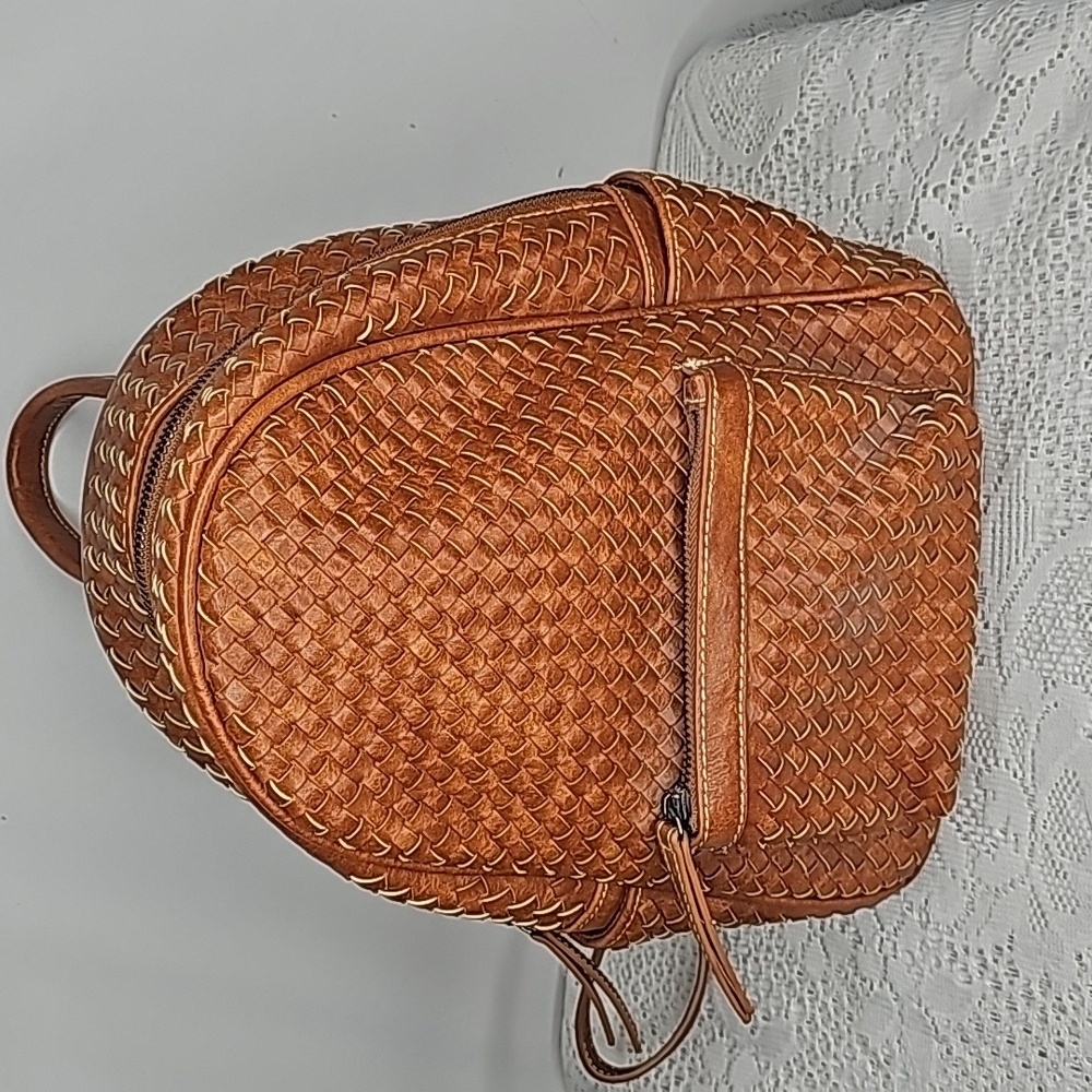 Shomico tan leather woven basket style weaved backpack purse handbag - Picture 2 of 8